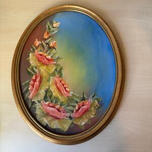Vtg Original Brenda Smith '82 Floral Oil Painting Framed Oval Peach Roses Art